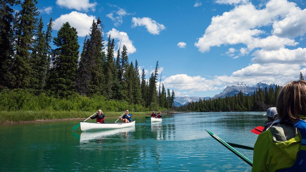 Canoes gliding through the serene waters of Banff National Park, Alberta